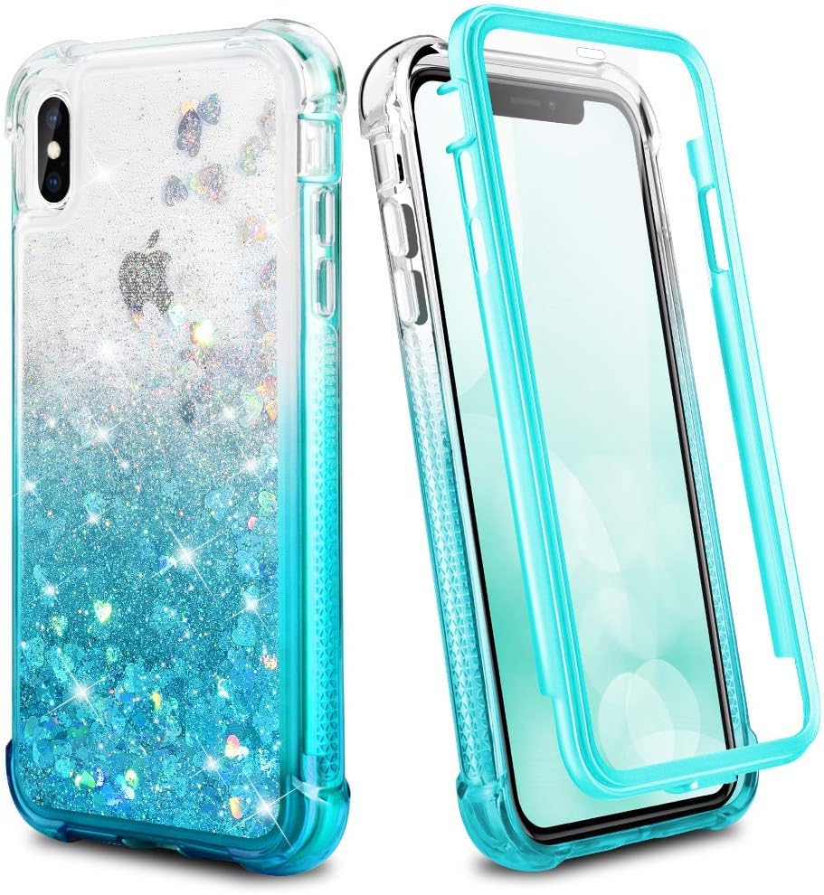 iPhone Xs Max Case, Ruky Full Body Rugged Glitter Liquid Case with Built-in Screen Protector Shockproof Protective Girls Women Phone Case for iPhone Xs Max 6.5 inches (2018 Release) (Gradient Teal)