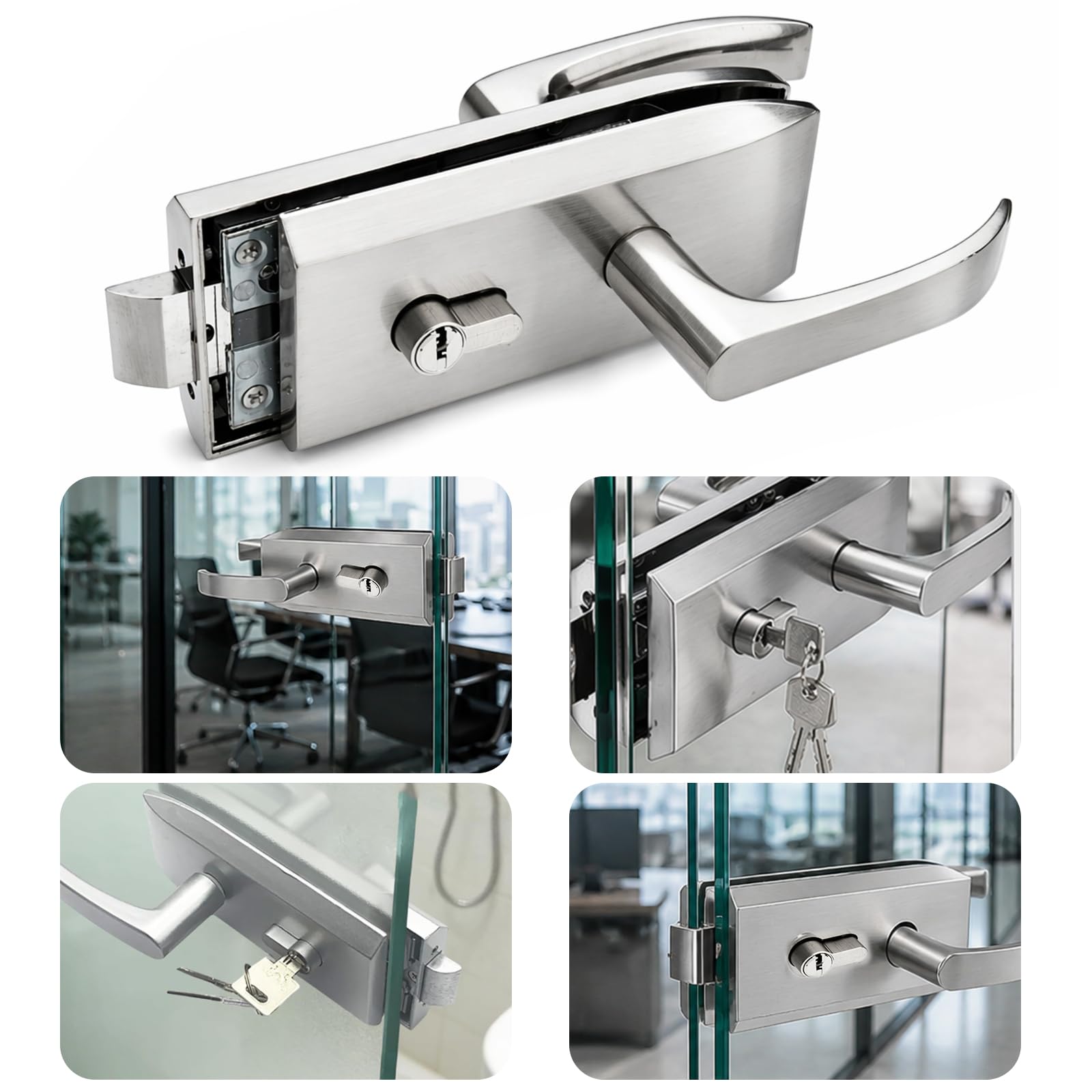 Serrure de porte en verre en acier inoxydable avec poignée coulissante et 3 clés pour bureau, salle de bain, balcon, ferrure de porte en verre pour épaisseur de verre de 8 à 12 mm, espace de
