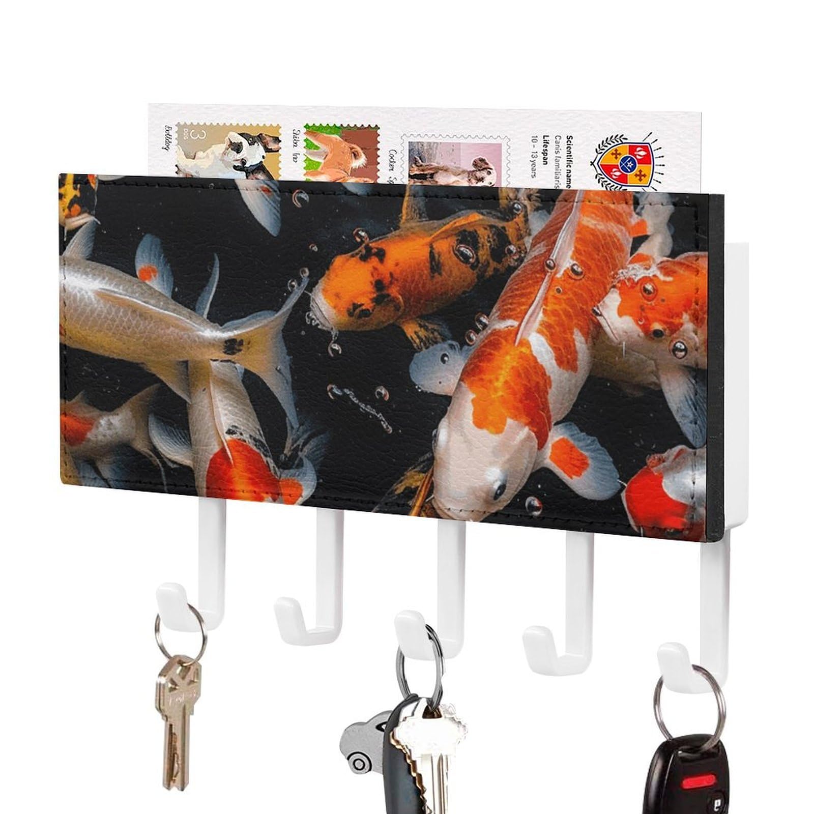 DWVTSLH Japan Fancy Koi Carp Fishes Key Holder for Wall, Decorative Key Hooks with Mail Organizer & 5 Hooks, Self Adhesive Leather Key Hanger for Entryway, Wall Mounted Key Rack (7.1” X 4.3” X 0.9”)