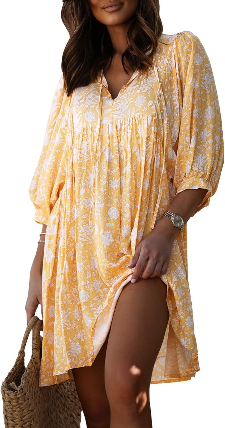 miduo Womens Casual V Neck Summer Half Sleeve Bohemian Floral Mini Tunic Short Dresses