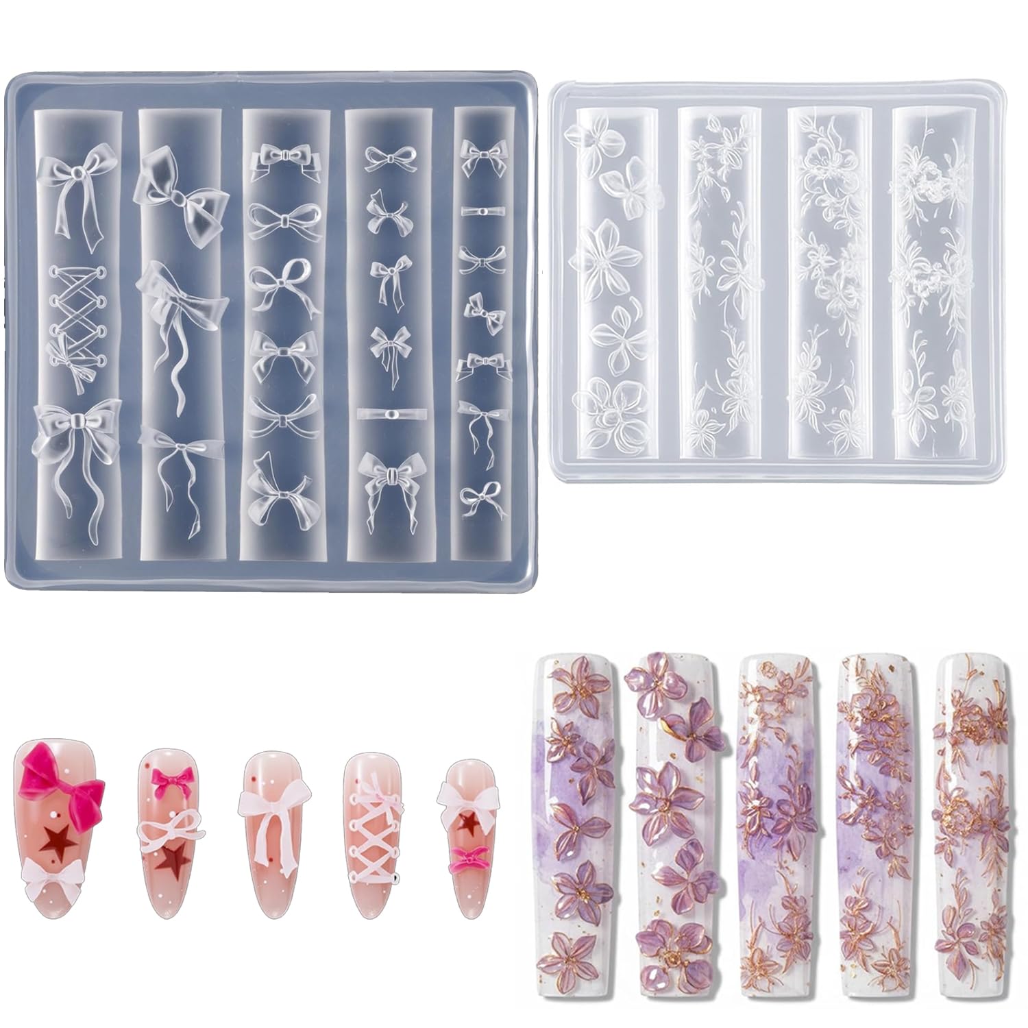 3D Flower Nail Art Silicone Mold 2 Sets – DIY Floral Gel Nail Charm Mold for Spring & Summer Designs, Blossom Nail Art Template for Manicure Decoration (Style-B)