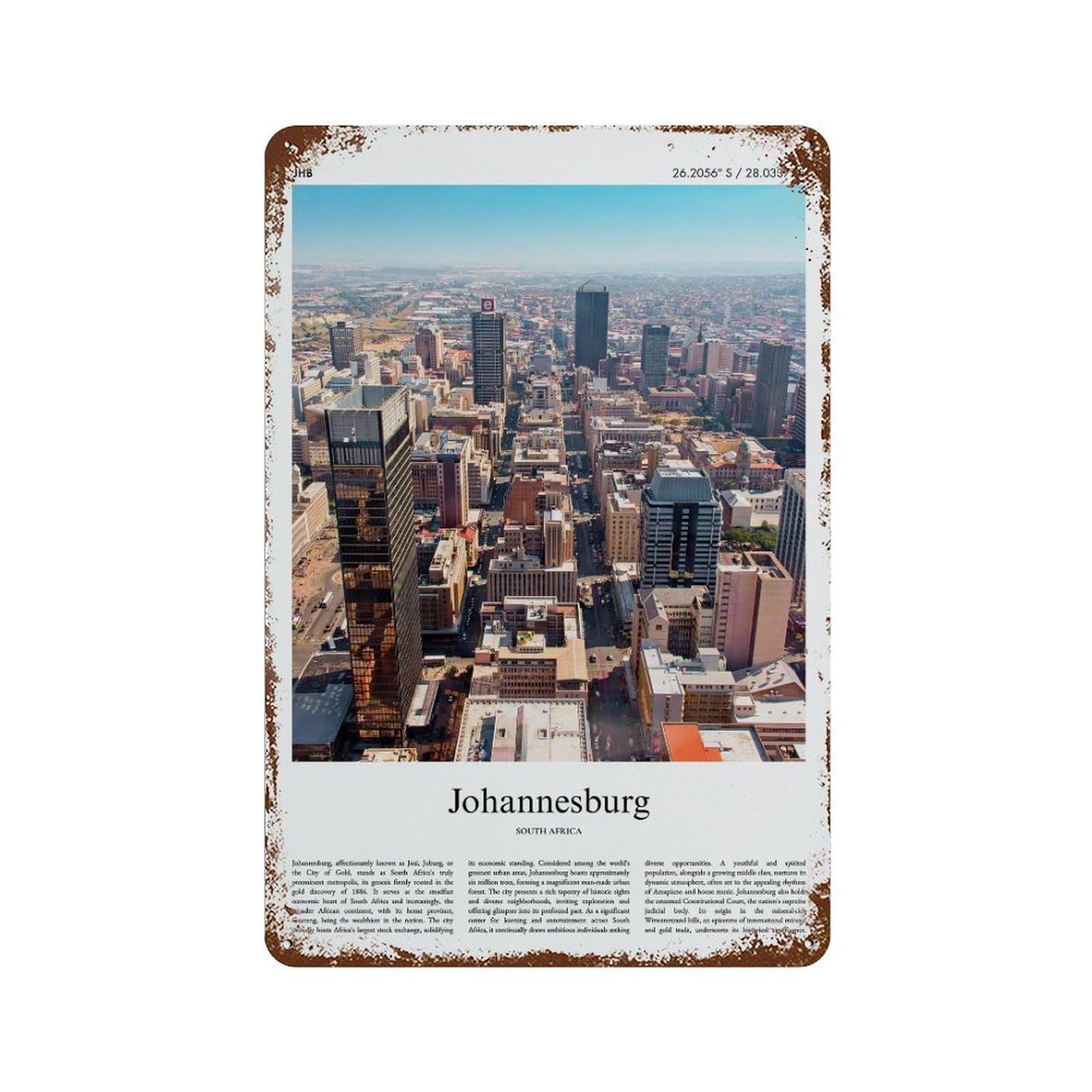 xiaoxiaoshen Johannesburg South Africa City Scenery Wall Decor Art Metal Tin Poster Modern Home Decor Art Home Bar Shop Decorations Vintage Sign 30x20cm