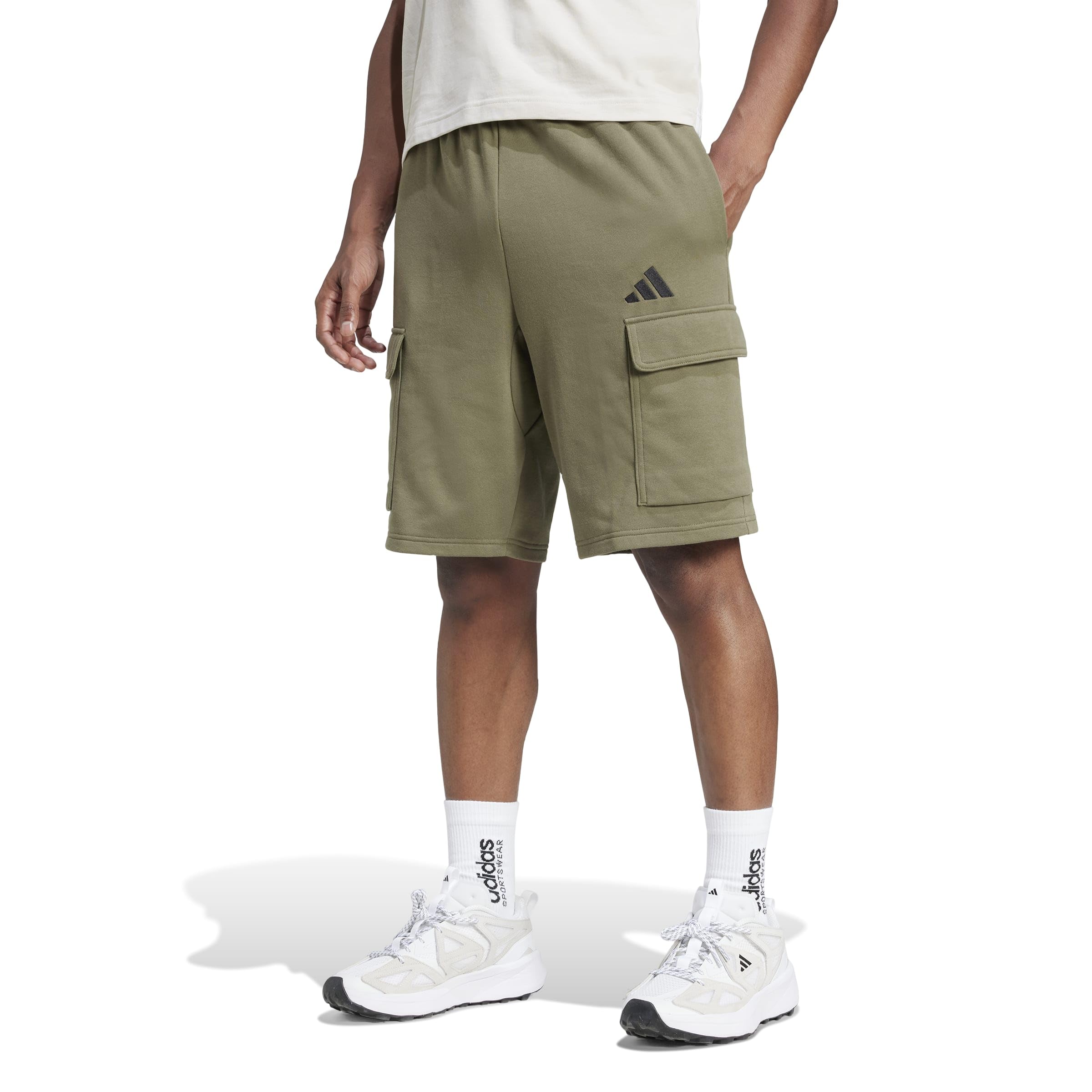 adidas Men's Essentials FEELCOZY French Terry Cargo Short, Olive strata/Black, XS