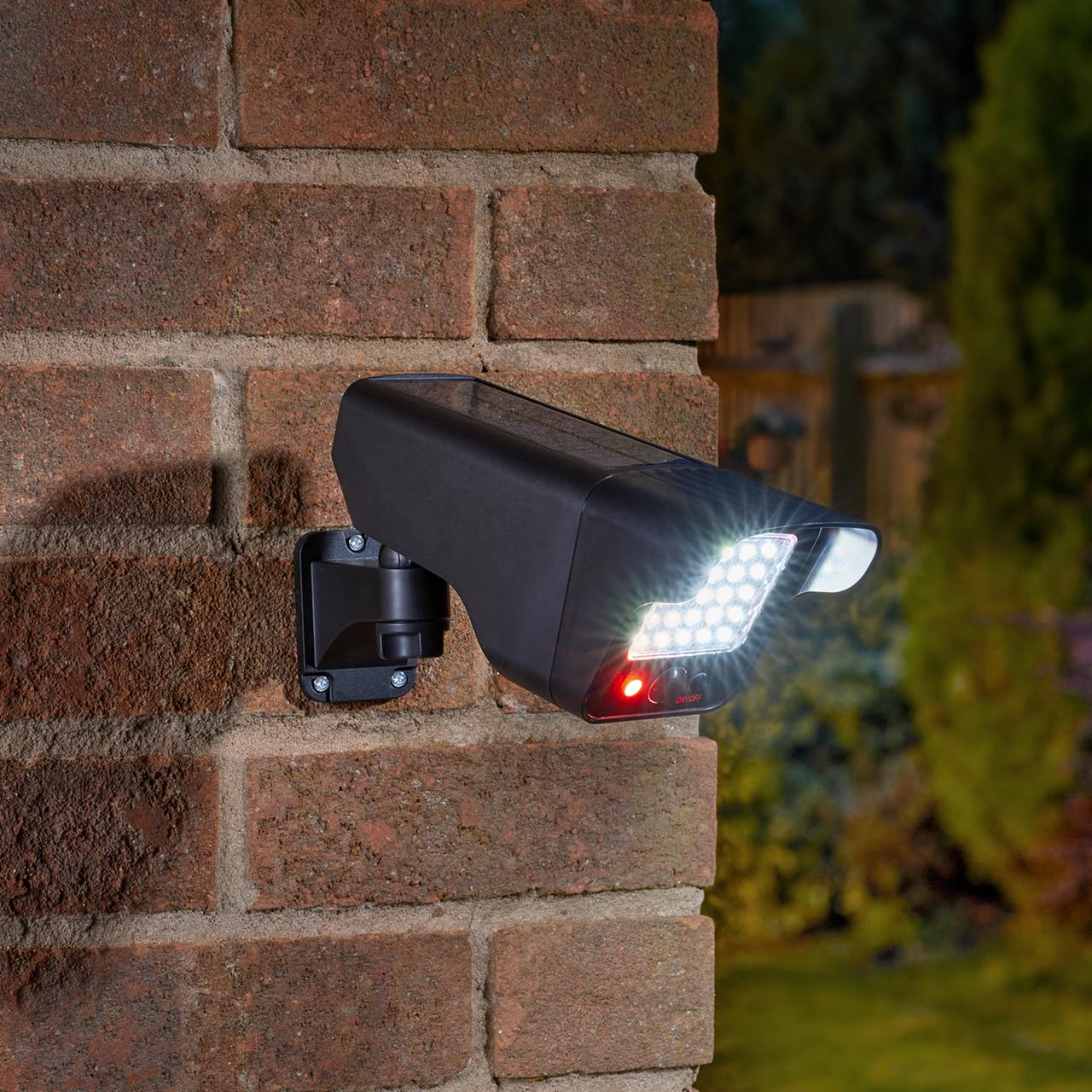Black Solar Powered PIR Motion Sensor Floodlight & Decoy Camera - 280 Lumen Super Bright Outdoor Garden Wall or Fence Mounted Home Security Lighting with 26 Cool White LEDs - Measures H13 x W27 x D8cm