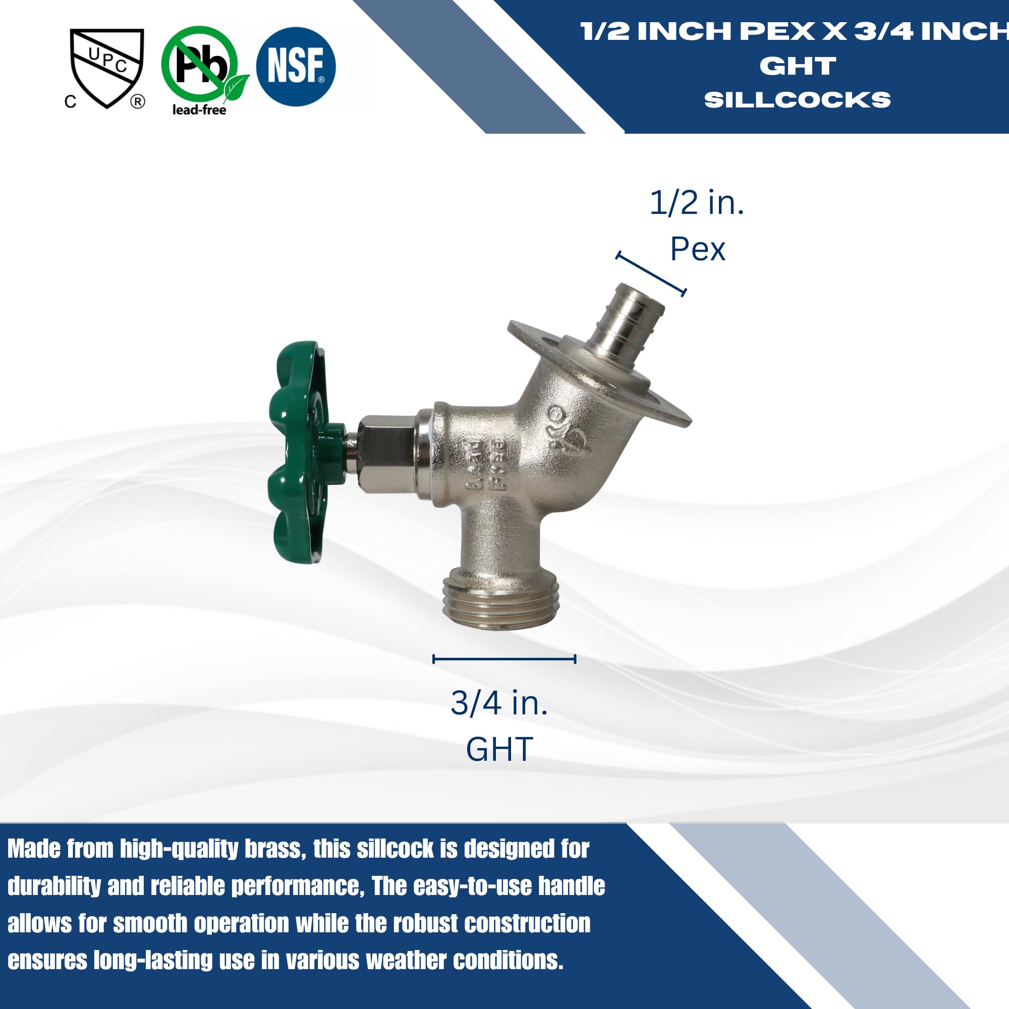 XFITTING 1/2 Zoll Pex X 3/4 GHT Schlauchverbinder Sillcocks, GHT (Gartenschlauchgewinde), zur Verwendung mit Wasser oder Öl, Crimpverschraubungen, Messing, Pex B, 10 Stück