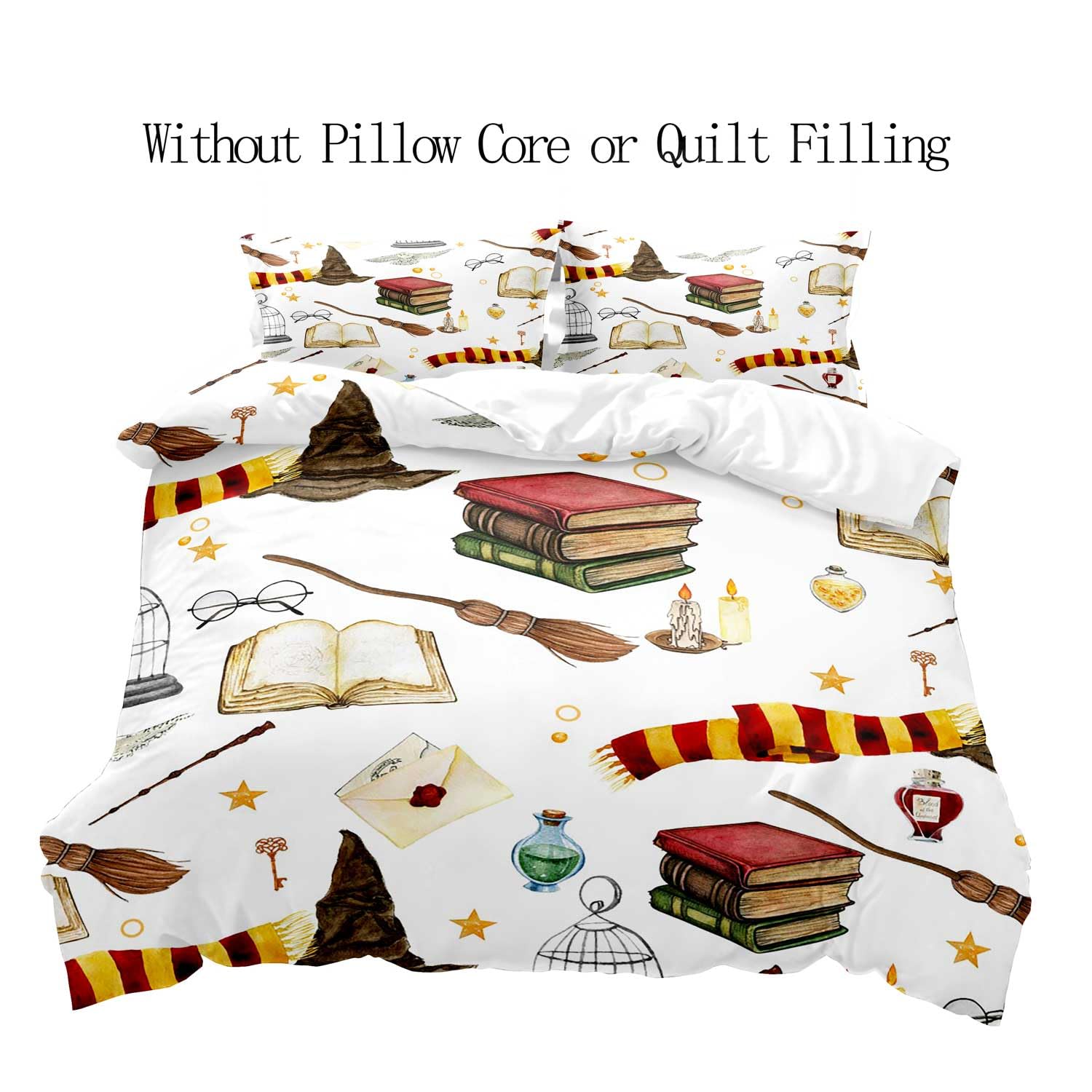 LUVIVIHOME 3PCS Halloween Duvet Cover Queen Bedding Set, White Duvet Cover, Magic Potion Spell Book Wizard Witch Hat Broom Scarf Owl Witchy Spooky Gothic Boys Girls Kids Comforter Cover 2 Pillow Cases