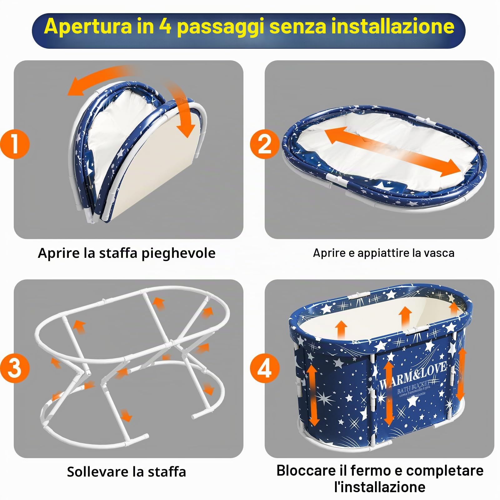 Vasca da bagno pieghevole portatile per adulti, vasca da bagno per la doccia,Nessun assemblaggio necessario (blu, ovale-94L x 55W x 56H cm)