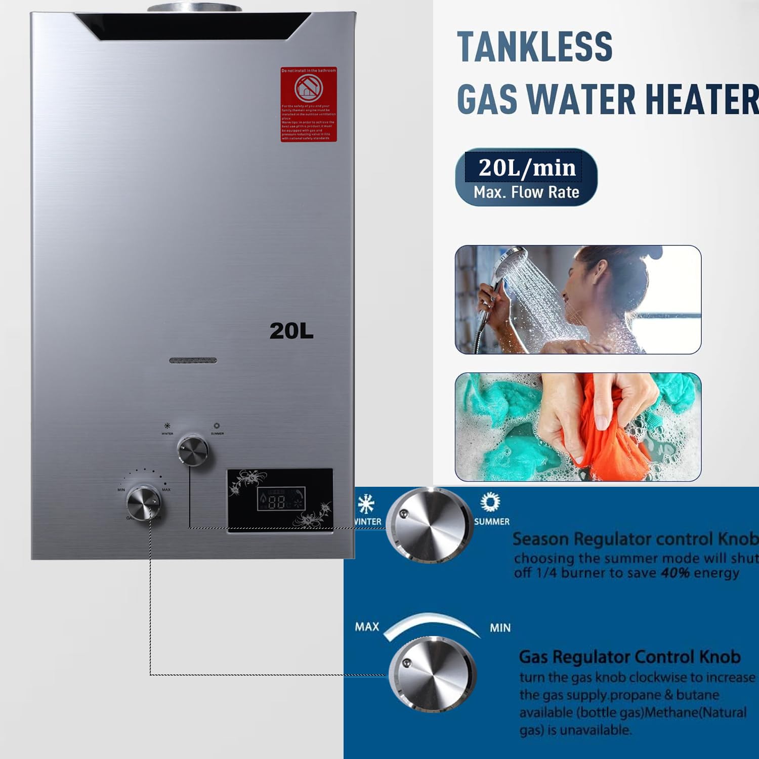 Scaldabagno a Gas GPL 20L, Scaldabagno Istantaneo a Propano, 40KW a Parete senza Serbatoio Scaldacqua Istantaneo Senza Serbatoio con Kit Doccia, Funziona a Bassa Pressione dellAcqua