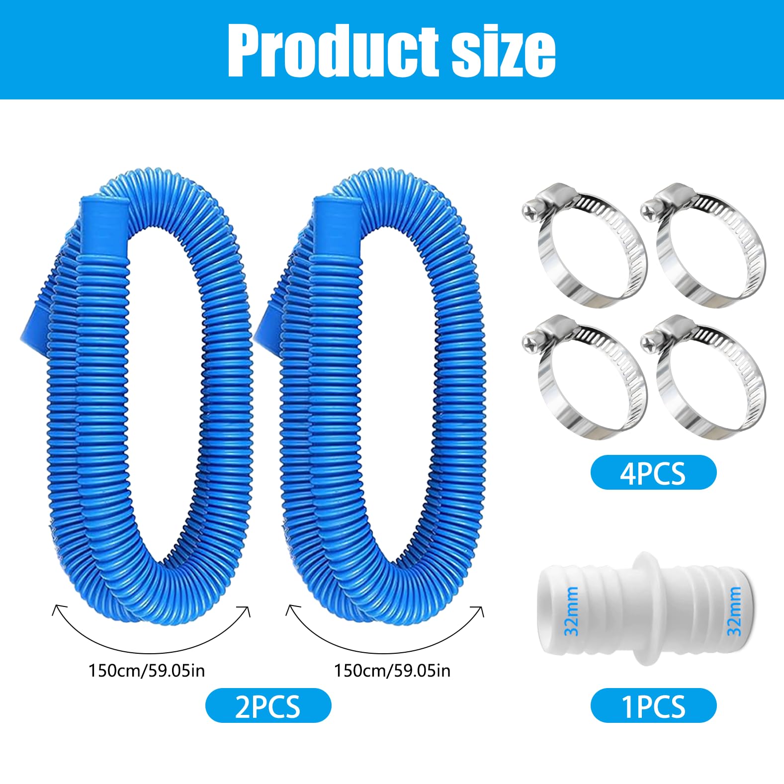 2 mangueras azules de piscina de 32 mm para bombas de piscina con 4 clips de seguridad y 1 conector de manguera, manguera de piscina de 150 cm de 32 mm, para bomba de filtro y piscina