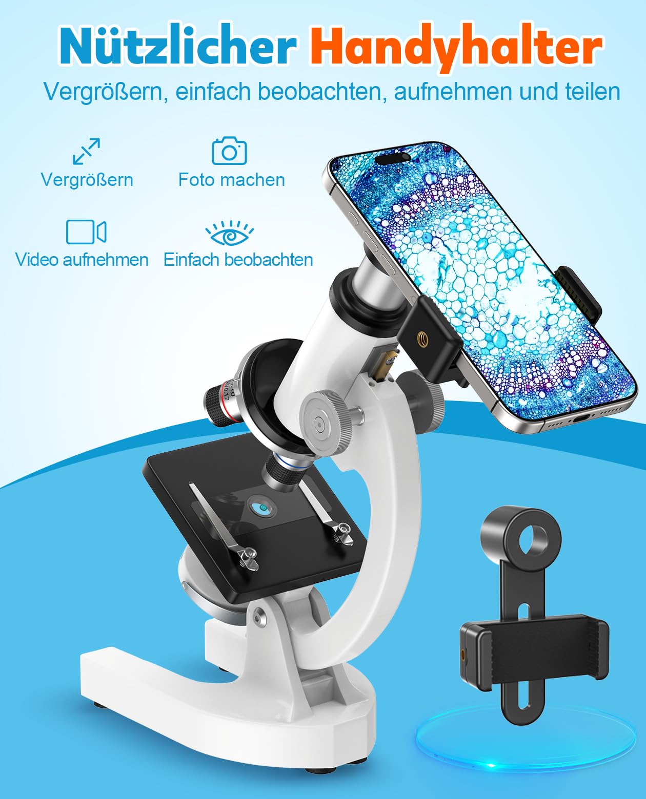 40X-2000X Mikroskop für Kinder Schüler Erwachsene: Biologie Monokulares Mikroskop für Labor, Zuhause und Schule - Microscope mit Koffer, Objektträgern, Telefonhalter - Geschenk für Kinder AB 6