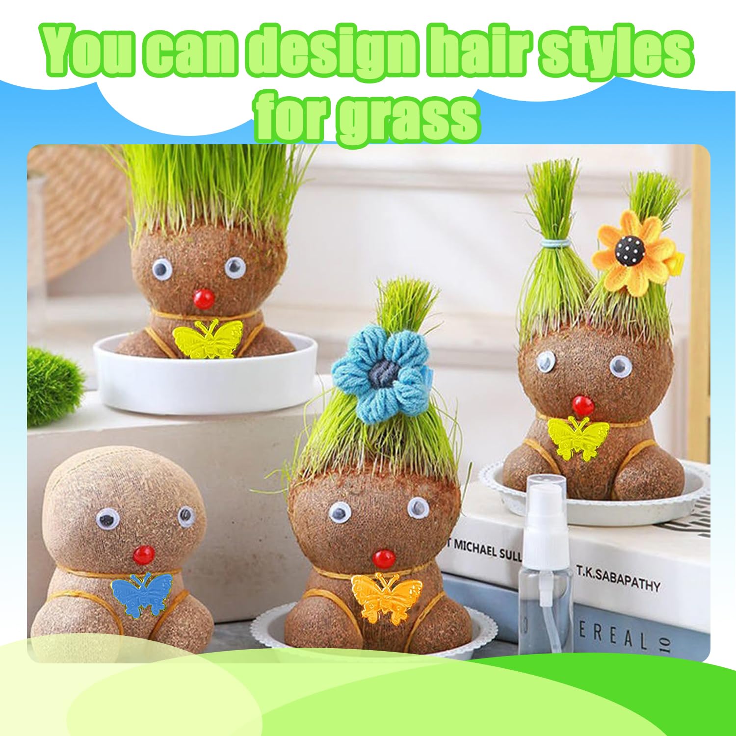 Mini Bonsaï Tête d'Herbe Grass Head avec Plateau - 2 Plantes (M3)