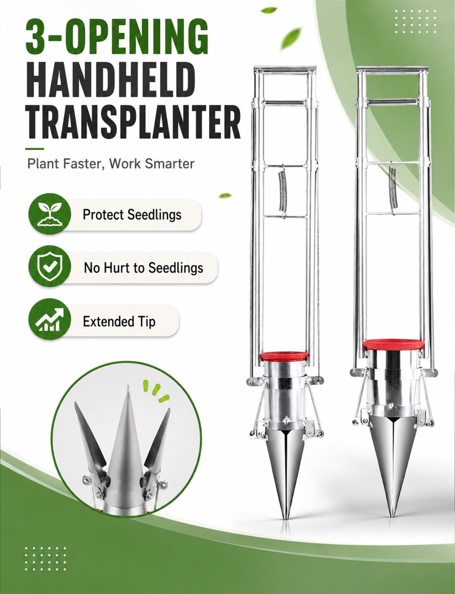 Dispositif de transplantation à une seule main, perforateur de semis manuel à 3 ouvertures, for les travaux de déplacement des bulbes enfouis et des semis de légumes(7.6 cm/3 in,20 cm/7.9 in)
