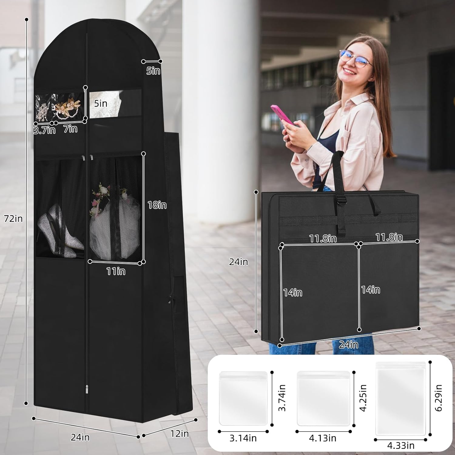 Wedding Dress Garment Bag,72’ Tri-Fold Bridal Gown Bag with 6 Pouches and Adjustable Buckle Gown Cover for Wedding/Prom/Travel/Closet Storage (Black)