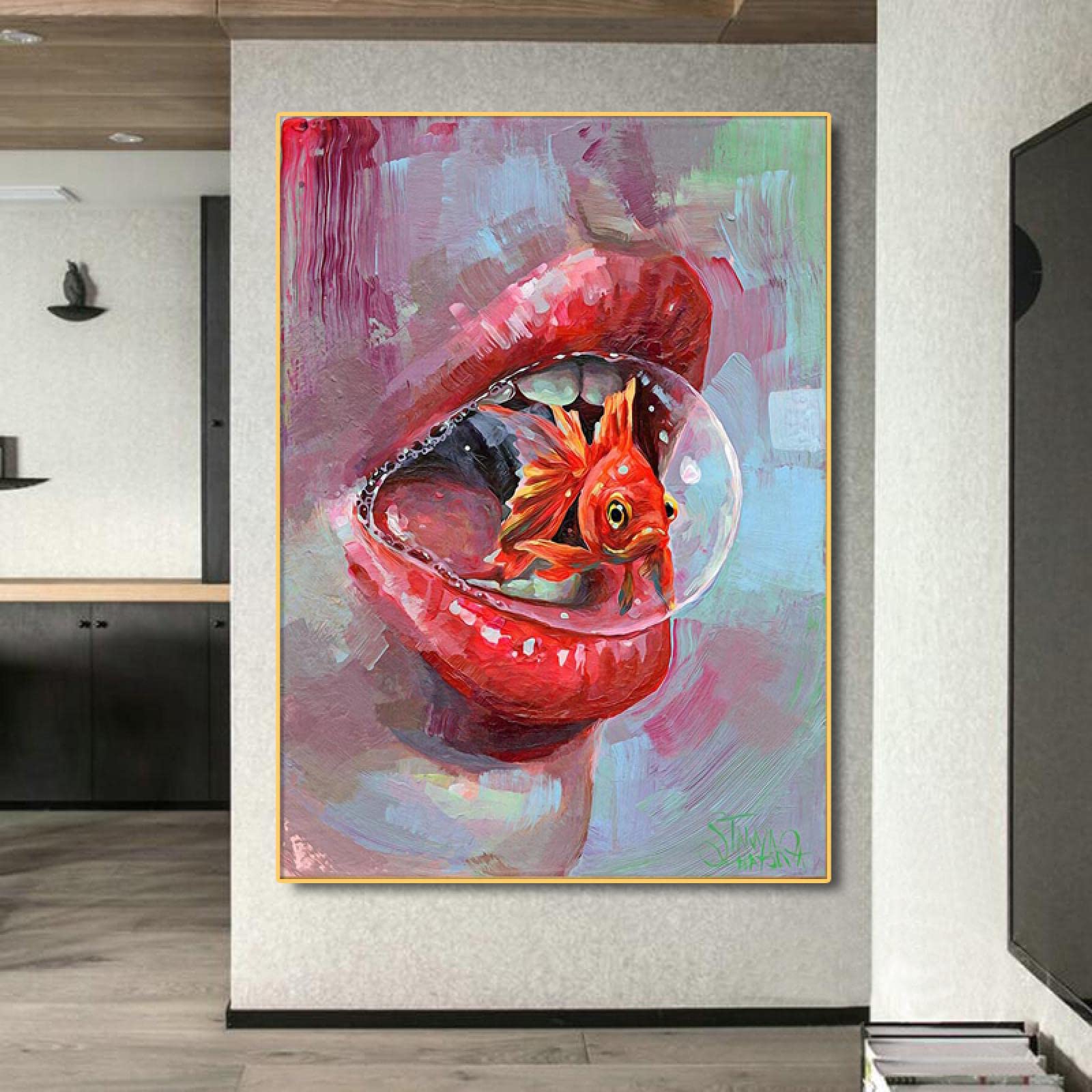 Amazon.co.jp: 抽象金魚絵画壁アート女性リップポスターキャンバス画像