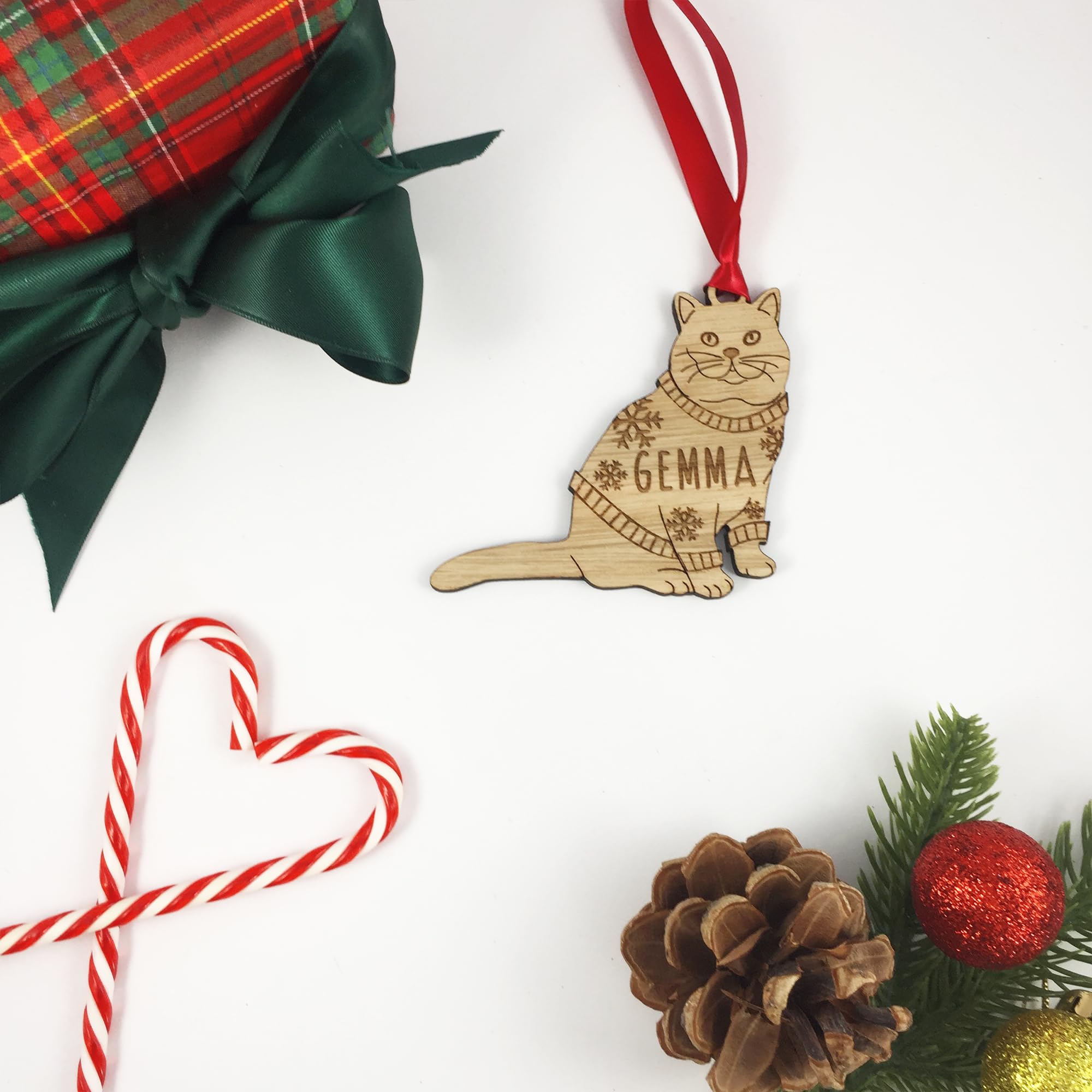 Personalised British Short Hair Cat Tree Bauble Decoration Ornament Kitten Wooden Christmas Jumper Customised