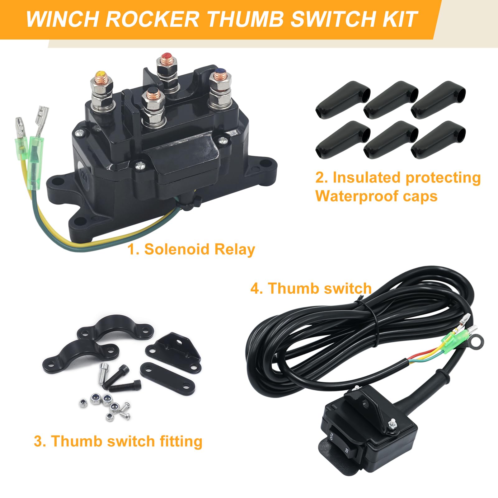 62135 63070 12V 250A Winch Solenoid Relay Contactor Truck for ATV 1500-5000lbs Winch Rocker Thumb Switch Kit with 6 Protecting Caps