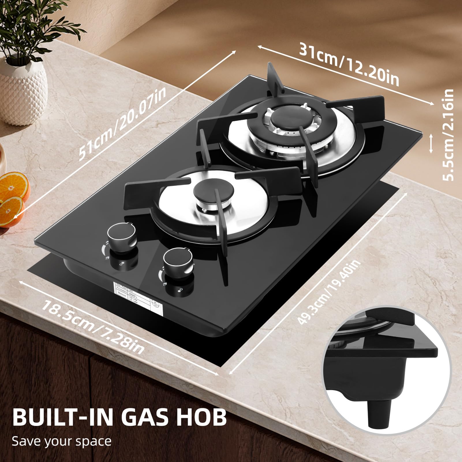 5050W Gas Hob 2 Burners, NG/LPG Convertible Induction Hob, 51cm Built-in Tempered Glass Panel, Electronic Lgnition + Flame Failure Protection (Black) - 3