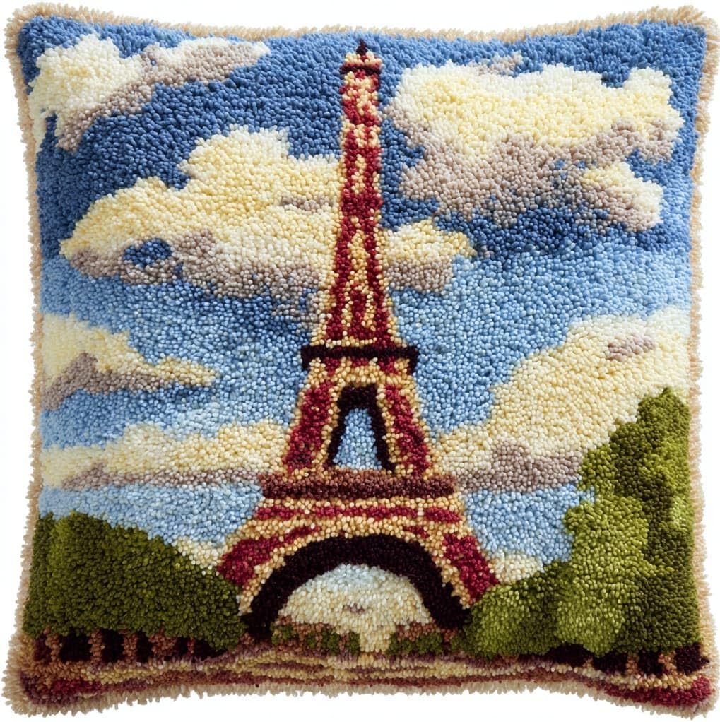 Wallustrioaw Latch Hook Kit,Eiffel Tower,Latch Hook Kits Pillow For Adults Embroidery Pattern Printed Canvas Creativity Crochet Gift,17X17in