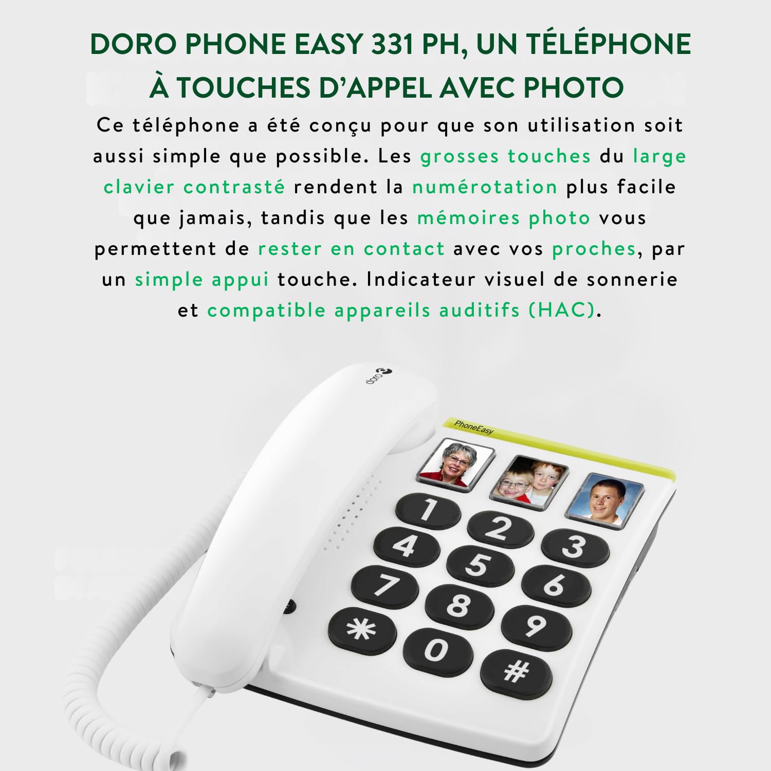 Doro PhoneEasy 331ph Téléphone Fixe pour Seniors Grandes Touches Numérotation Abrégée Compatible Appareils Auditifs