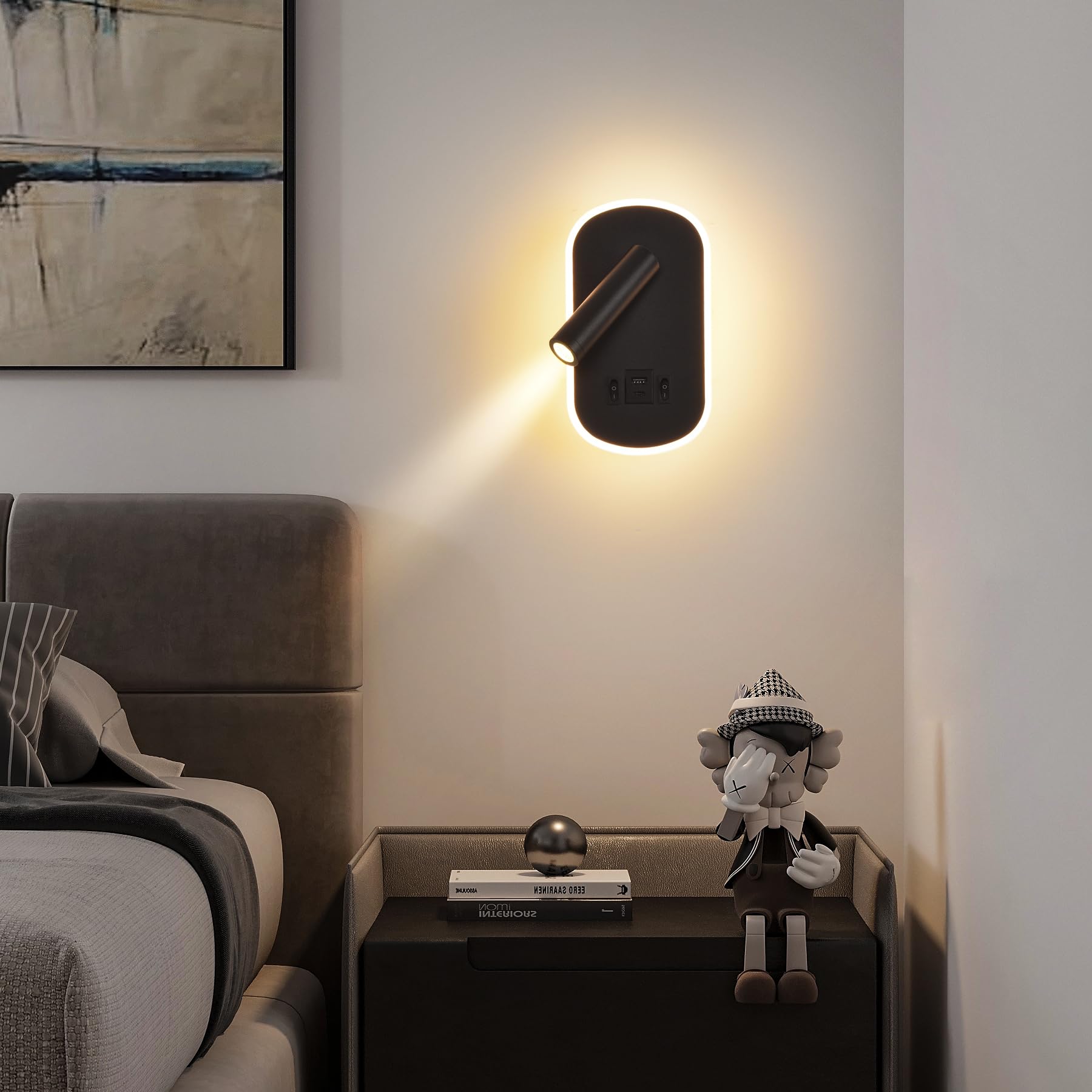 LED Liseuse de chevet,Applique Murale avec interrupteur,USB + TYPE C port de charge Luminaire Murale,3W 3000K + 9W 6000K éclairage d'ambiance de chambre à coucher,Spot réglable Lampe de Lecture Noir