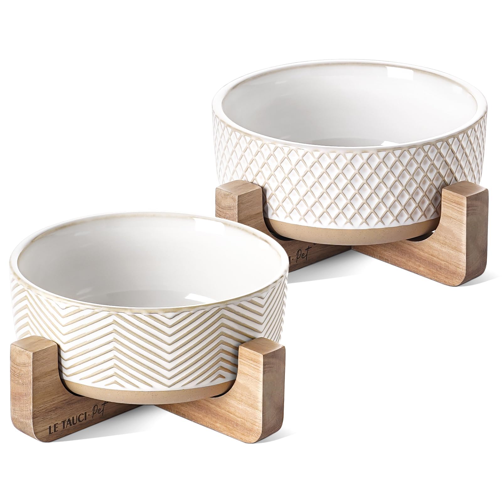 LE TAUCI PET Ceramic Dog Bowl Set, 4 Cups Food and Water Bowl for Medium Small Dogs, Cute Pet Dishes with Wood Stand, Rhombus+Wave Design (Set of 2)