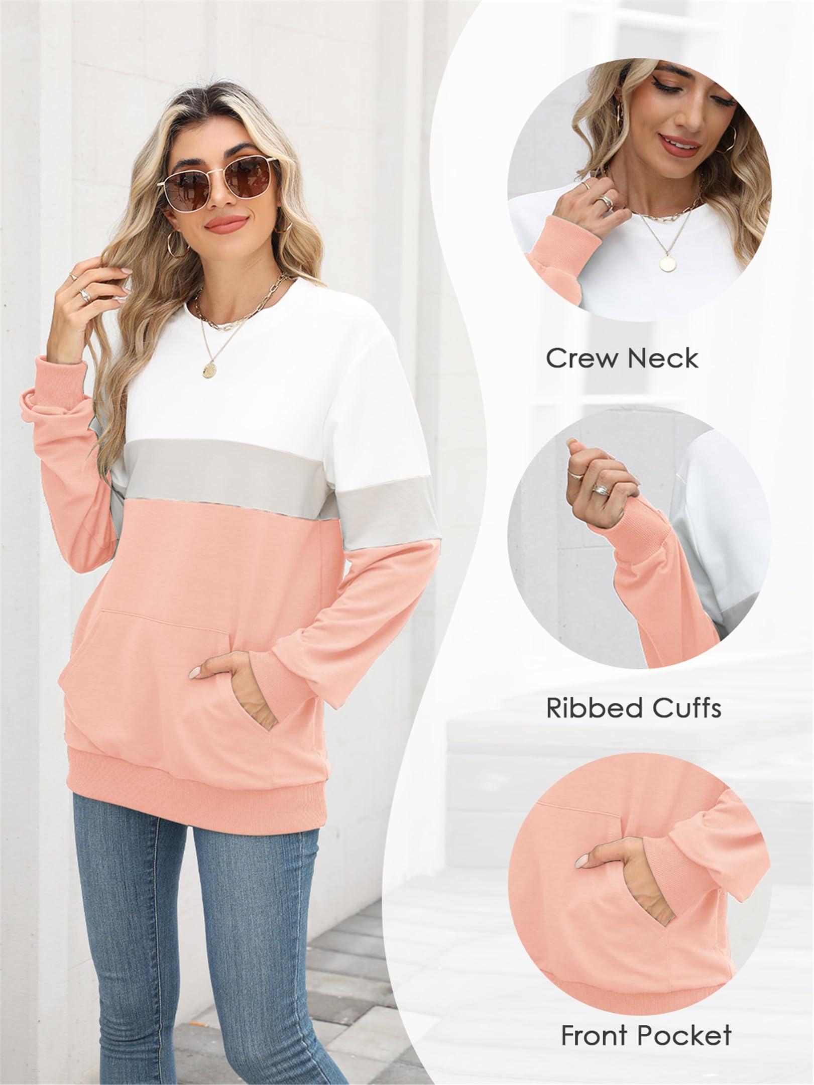 Bluza damska z długim rękawem, basic, okrągły dekolt, bez kaptura, bawełna, casualowa, z kieszeniami, luźna, oversize, jednokolorowa, na jesień, zimę, sport, streetwear, S-XXL