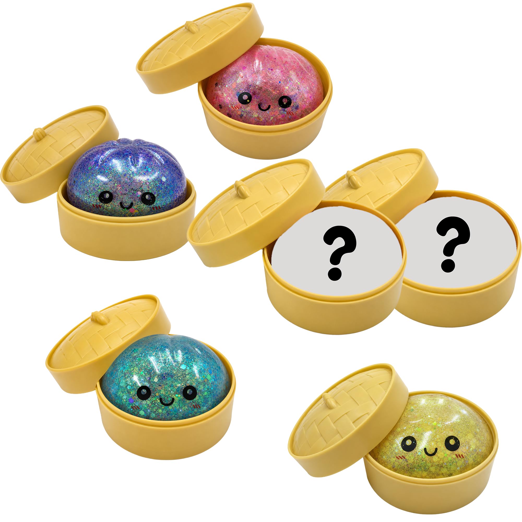 Juguete Squishy Antiestrés en Caja Sorpresa, Bola para Apretar con Purpurina, Muñeco Blando Tipo Bollo, Regalo (2, Grande con Bolitas de Colores, 8,5 CM)