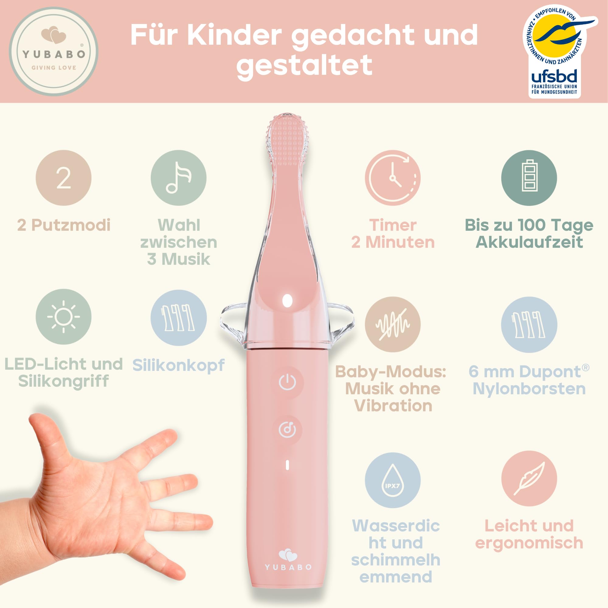 Elektrische Kinderzahnbürste mit Musik und Baby-Modus – 2 Schallmodi – 100 Tage Akkulaufzeit – 2-Minuten-Timer – 101 Aufkleber – Von Zahnärzten empfohlen – 1 bis 3 Jahre – Rosa