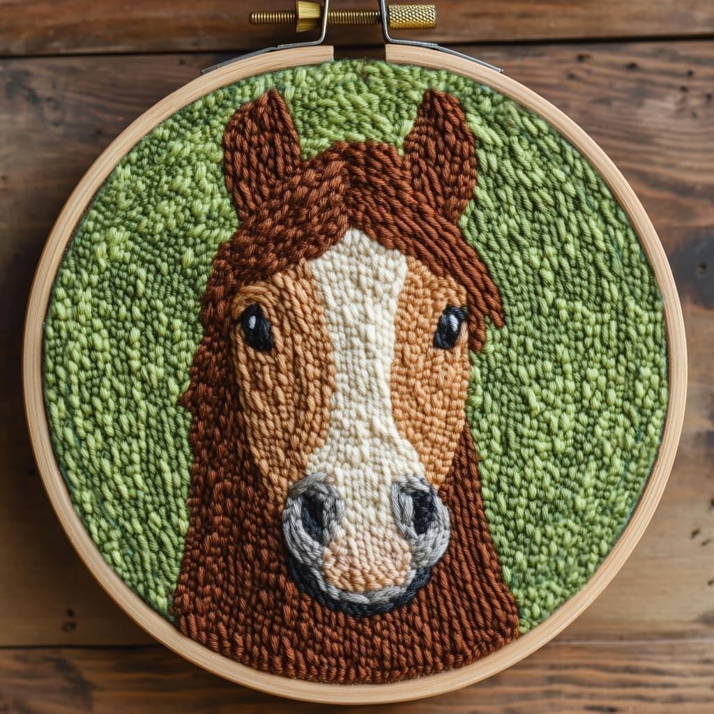 DIY Punch Needle Kits for Beginners Brown Horse with Hoop Embroidery Punch Needle Starter Craft Set Easy for Adults and Children Festival Gift and Decoration 20x20cm-2
