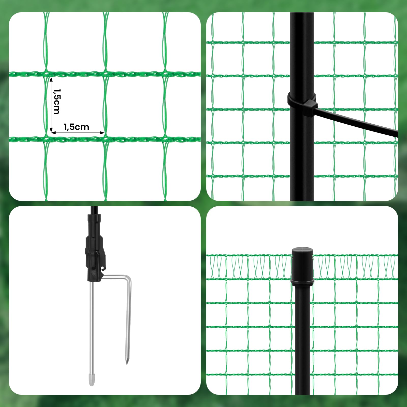 WOLTU Rete per pollame,Rete Verde per Recinzione con Pali 25x1,2 m, Recinzione da Giardino a Maglia con Picchetti, Funi e Fascette, per Frutteti, Fattorie, Animali, Orti, in PE 53g/m²,Verde