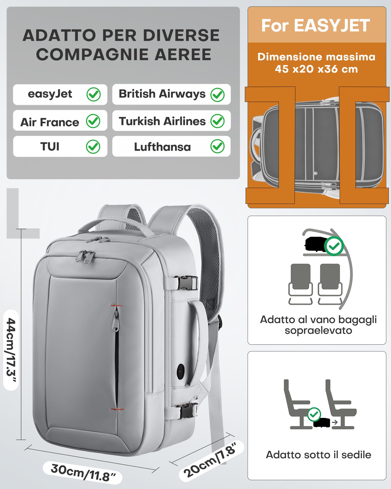 HOTOR Zaino Ryanair 40x20x25 - Zaino da Viaggio Zaino Porta PC Multi-Tasca e Portatile, Bagaglio a Mano Compatibile Ryanair, Con Foro USB, Per Donna e Uomo Lavoro, Viaggi in Aereo e Trekking