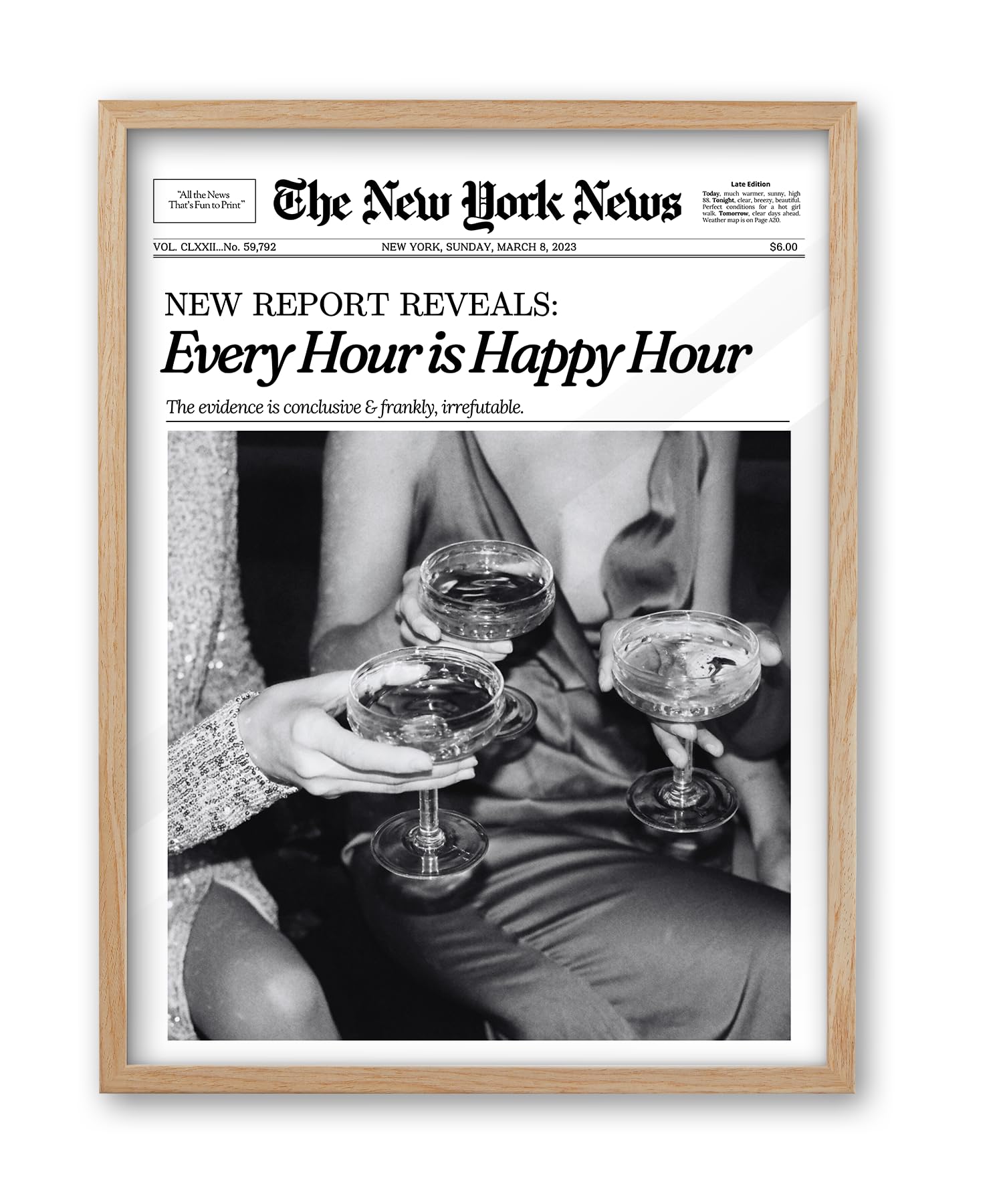 iHery Every Hour is Happy Hour Small Framed Trendy NewsPaper Wall Art, Natural OAK Wood 8x10in Canvas Wall Decor For Bedroom, Retro News Prints Posters for Girl Dorm Living Room Home 1Pack