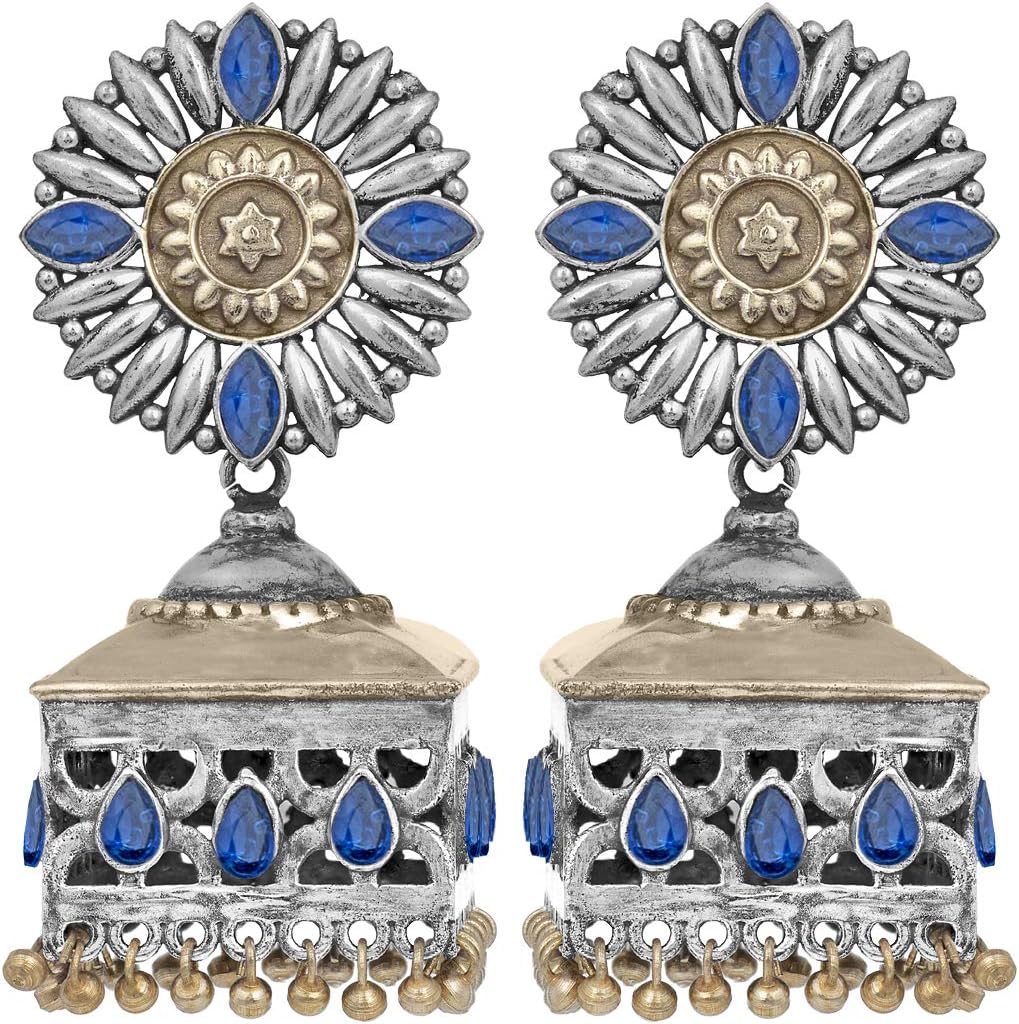 Aheli Uniquely Designed Oxidized Jhumki Earrings Faux Stone Studded Indian Ethnic Wedding Wear Fashion Jewelry for Women