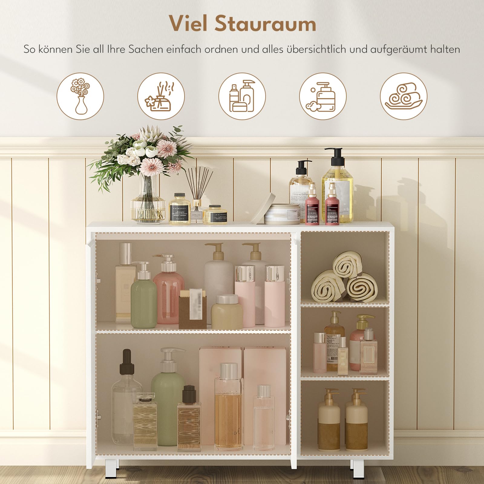 BEWISHOME Badezimmerschrank,Badschrank mit 2 Türen,Küchenschrank,Badezimmerschrank mit Offenem Fach & Verstellbarer Ablage,Viel Stauraum für BadBadezimmer,Wohnzimmer & Küche,35x100x80 cm,Weiß EYYG20W