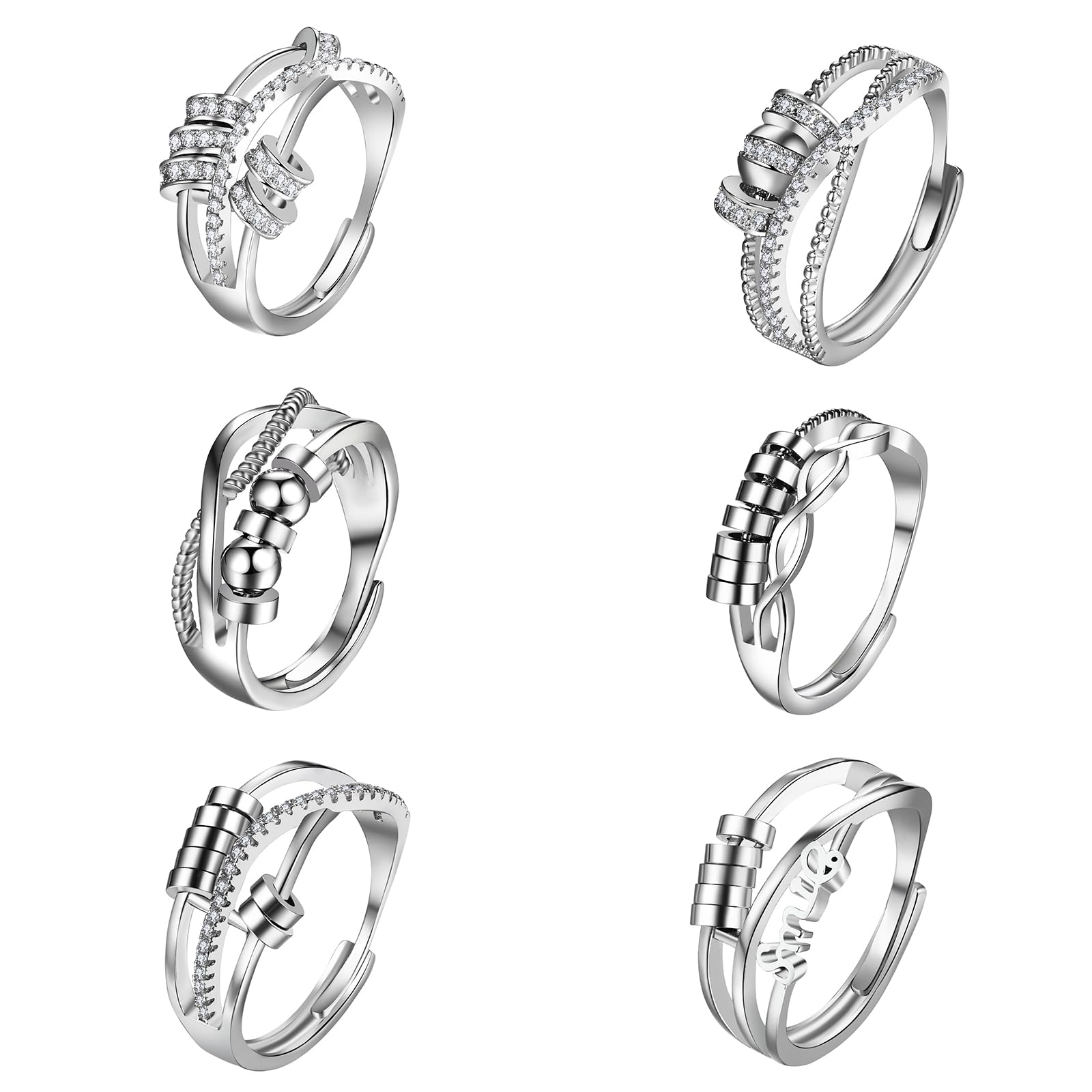 JewelryWe Anillo Anxiety para mujer, ajustable, de acero inoxidable, circonita, antiestrés, para mujer, plata