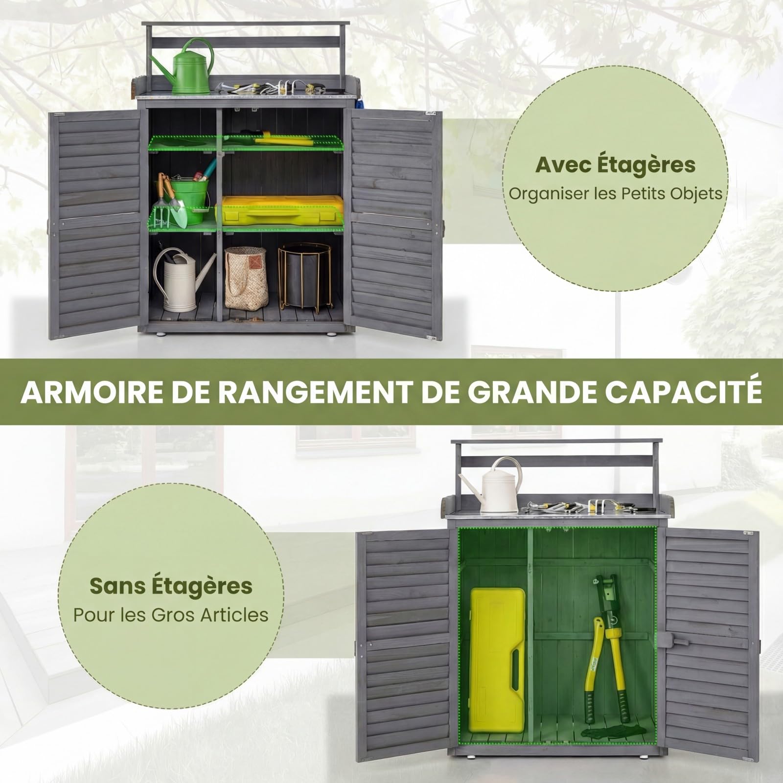 COSTWAY Armoire Jardin Bois, Armoire Exterieur avec Plan de Travail en Métal, 3 Crochets, Etagères Amovibles, Portes à Persiennes, Table de Rempotage, Meuble Exterieur Rangement (Gris)