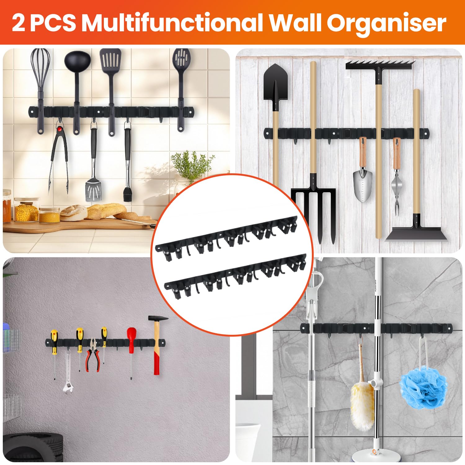 2 Pezzi Porta Scope Parete, Portascope da Muro con 10 Supporti e 8 Ganci, Appendi Scope a Muro Autoadesivo, Appendiscope in Acciaio Inox Avvitabile, Ganci Porta Attrezzi da Giardino