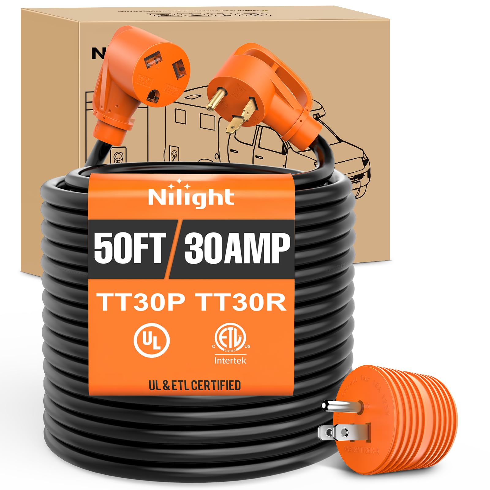 Nilight 50FT 30 Amp RV Extension Cord with Adapter 10/3 Gauge TT-30P