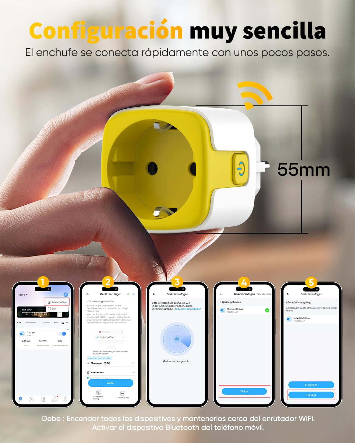 GreenSun Enchufe Inteligente WiFi con Medidor, Alexa y eWeLink, 4 Uds | Control por voz y app: programa horarios, usa temporizador y consulta consumo en eWeLink. Compatible con Alexa y SmartThings