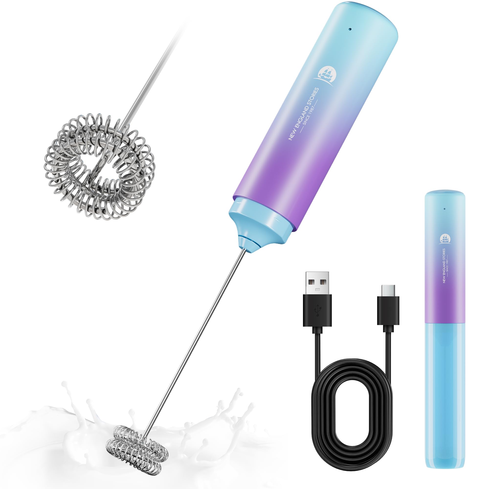 Rechargeable Milk Frother Handheld, 2-IN-1 Dual Spring Whisk Electric Frother Wand for Cappuccino Latte Macchiato, Portable Drink Mixer for Coffee, Matcha, Hot Chocolate