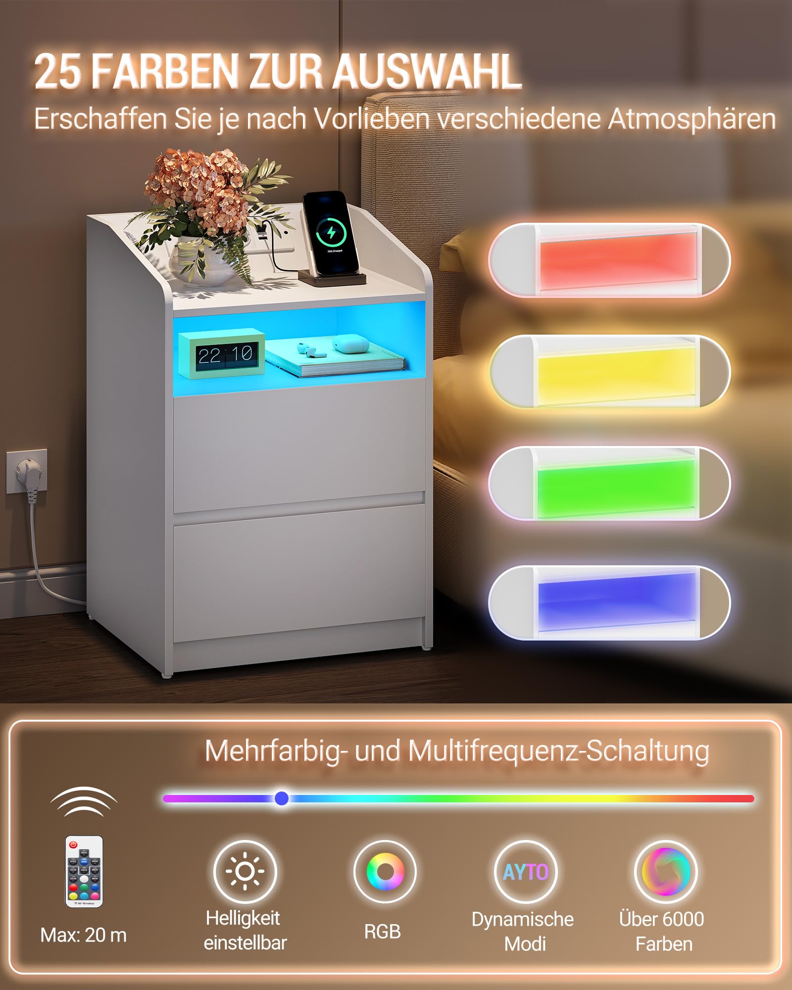 Hzuaneri Nachttisch, Beistelltisch mit 2 Schubladen