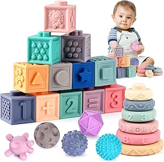 Baby Toys for 6-12 Months, Montessori Toys for Babies 0-3-6-12 Months, Infants Stacking Building Blocks & Newborn Sensory Balls, 3 in 1 Developmental Education Toys for Toddlers 12-18 Months