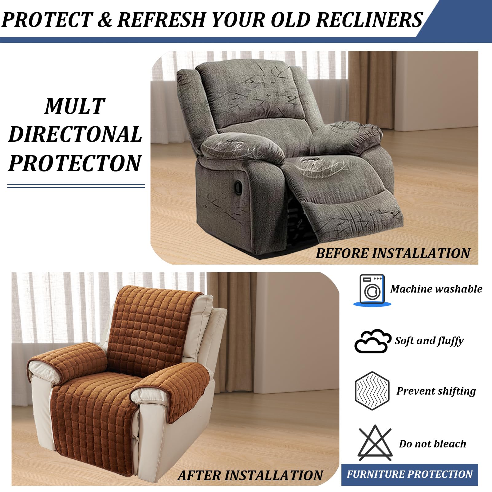 Copripoltrona Relax Reclinabile Universale,Elasticizzato Copripoltrona 1 posto con Tasche,Protezione Anti-Macchie e Antigraffio, Lavabile Copripoltrona (B-Coffee,3 Seat(116 * 190CM))
