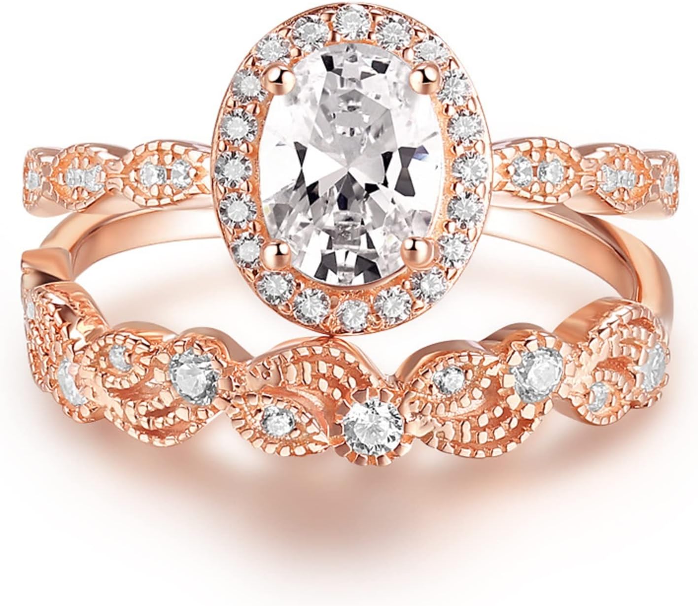 2 Pcs High Luxury Jewelry Fashion 925 Sterling Silver Shiny Full Diamond AAA Cubic Zirconia Solitaire Rings CZ Diamond Ring Set Eternity Engagement Wedding Band Set Gold/White Gold/Rose Gold Ring