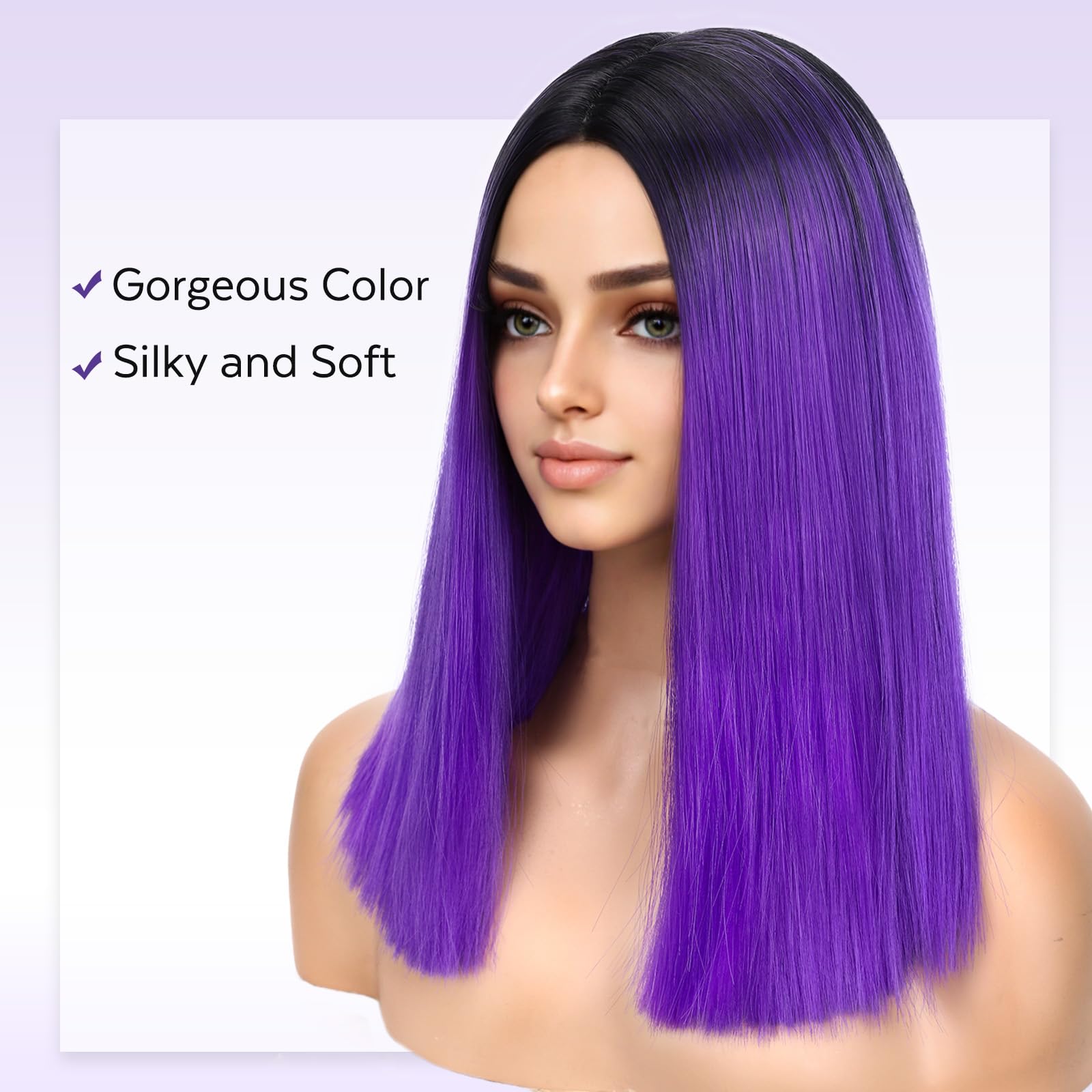 HANNE Ombre Black to Purple Wig Short Bob Wigs Shoulder Length Bob Hair Short Straight Hair Bob Wigs for Women Ombre Purple Wig Halloween Rumi Cosplay Wigs (Ombre Purple): 1-Ombre Purple