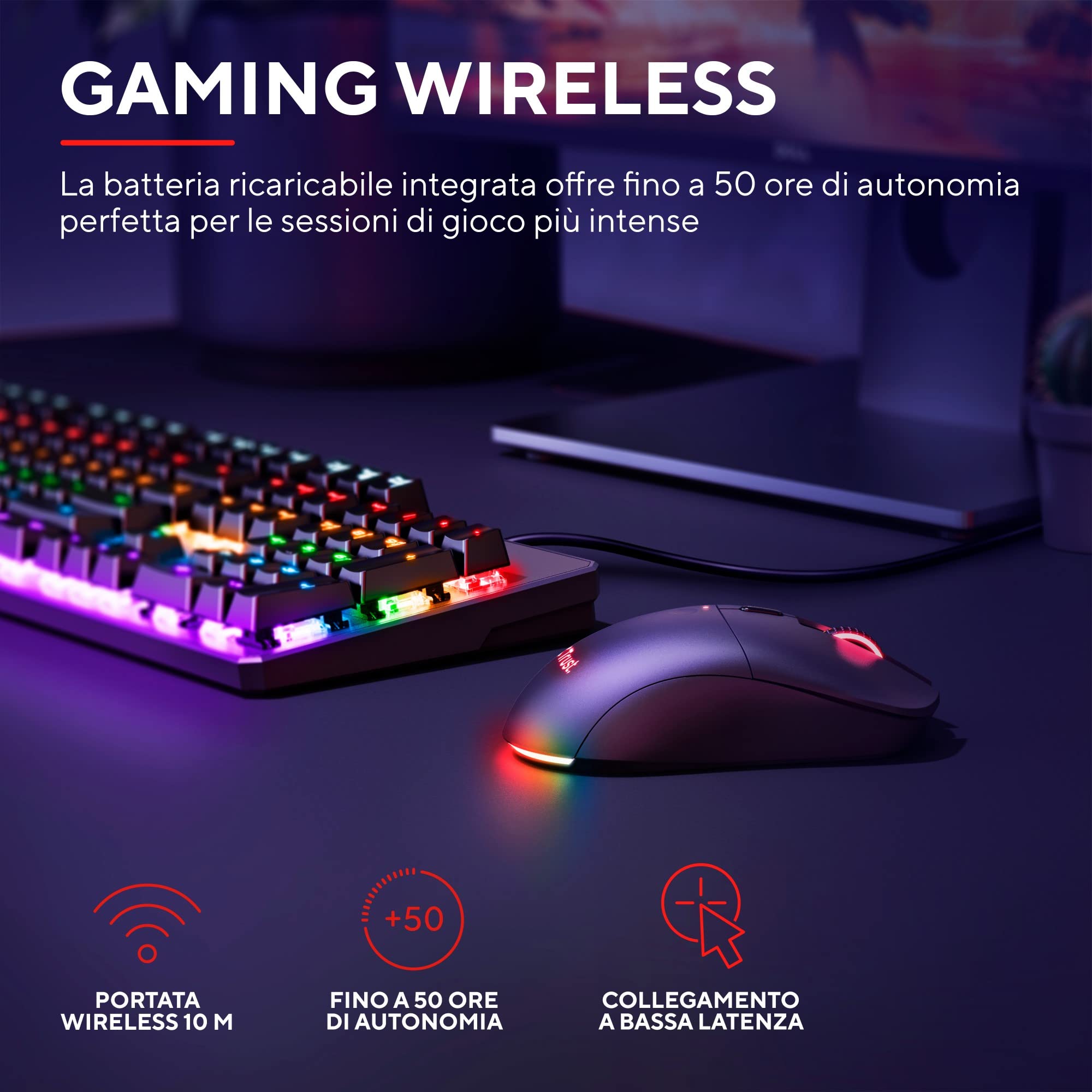 Trust Gaming GXT 980 Redex Mouse Gaming Wireless Ricaricabile, 200-10.000 DPI, RGB, 6 Pulsanti Programmabili, Ricarica via Cavo Type C, per PC, Laptop, Computer - Nero