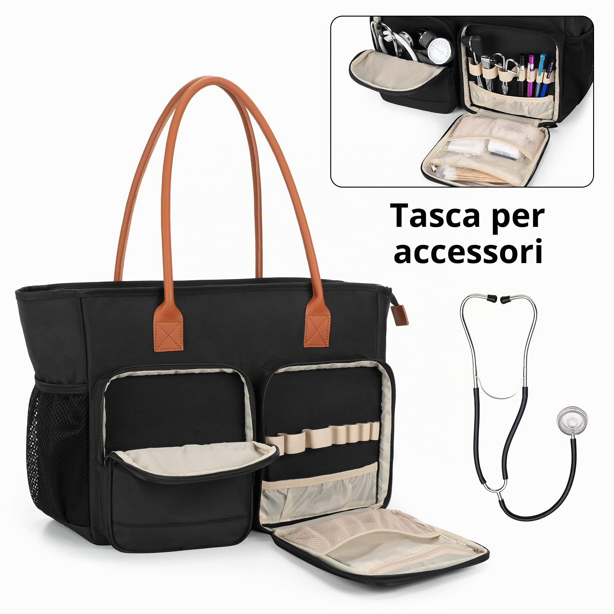CURMIO Borsa da infermiera, borsa medica portatile con tracolla e custodia imbottita per computer portatile, per lavoro infermieristico, visite a casa, servizio sanitario, nero (solo borsa)