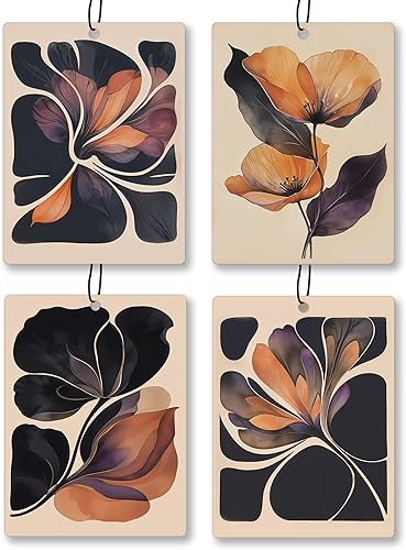 Ambientador floral bohemio abstracto para automóvil, 4 piezas, aroma retro naranja y negro, aroma colgante de flores para mujeres y niñas, regalos