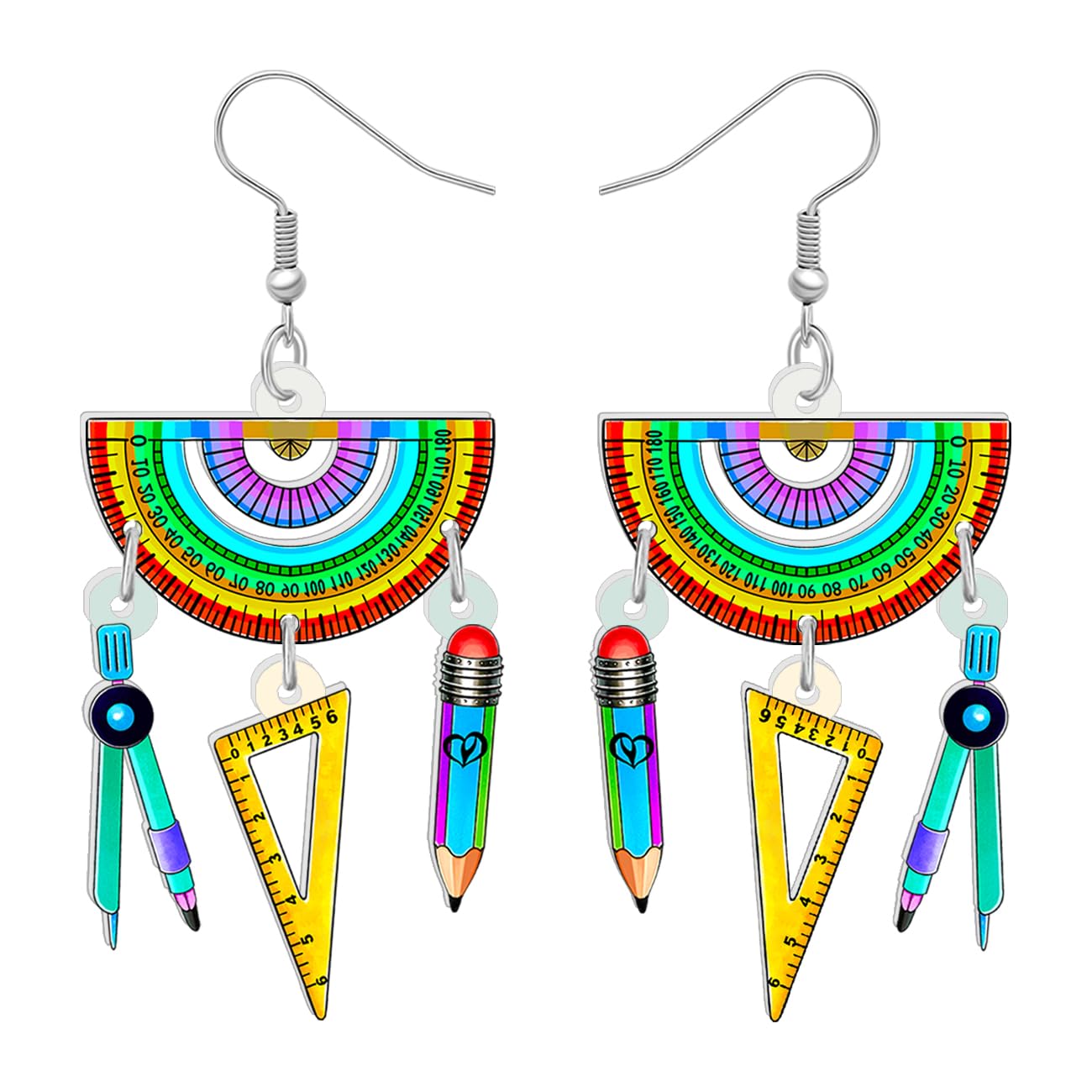 TIZURO Acrylic Back to School Novelty Pencil Ruler Crayon Earrings Fun Class Supplies Dangle Jewellry For Women Teacher's Day Party Charms Gifts (Multi)
