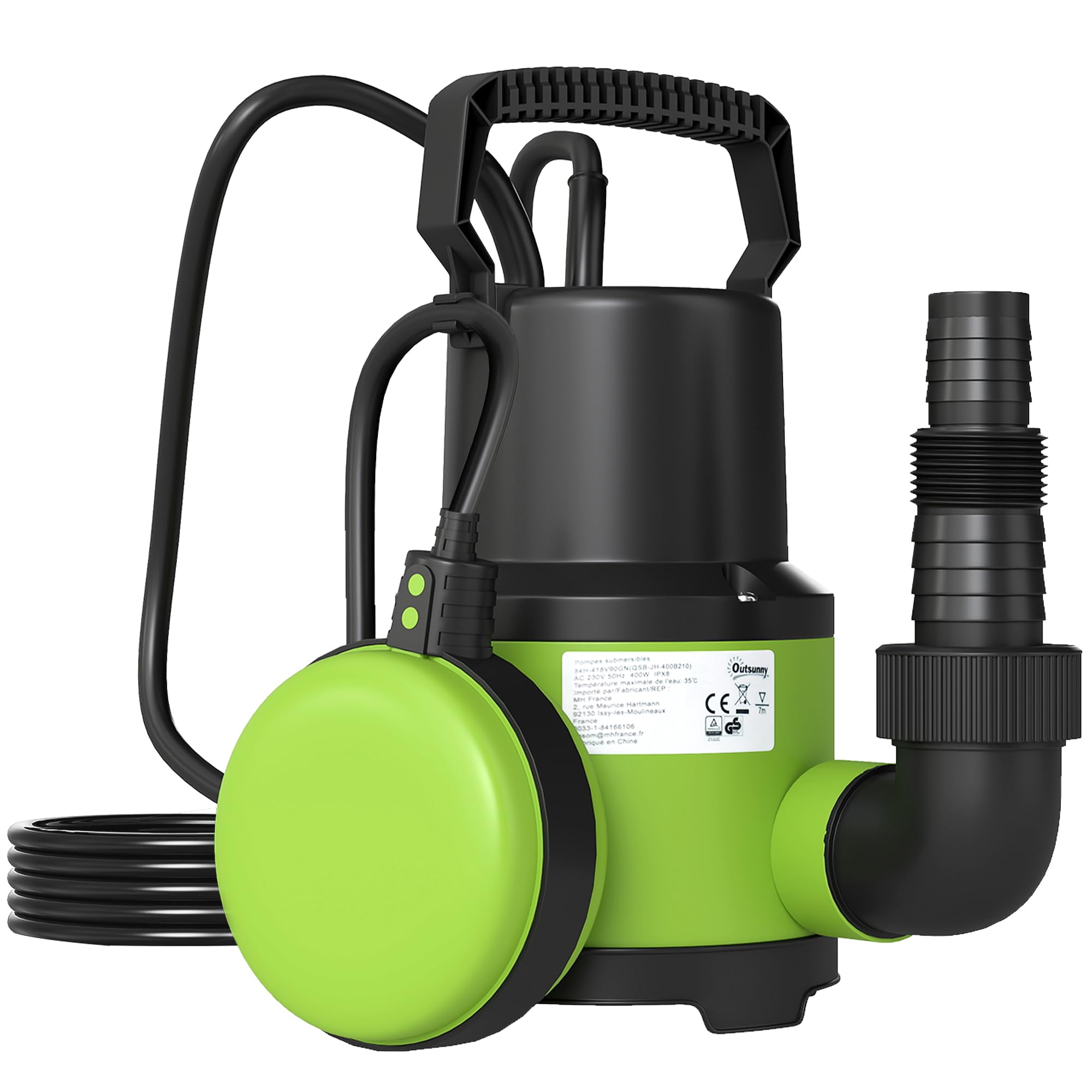 Outsunny Pompe d'Évacuation Eaux Chargées/Propres 9000L/H 400W 7m Max. Vert | Pour Eaux Sales, Particules Jusqu'à 15 mm, Pompe de Relevage Eaux Chargées, Interrupteur à Flotteur